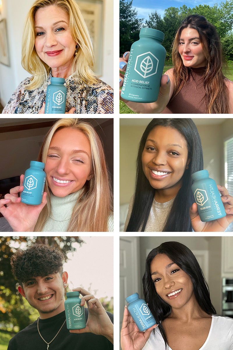 People holding and smiling with Terra Health's Acid Relief supplement bottles.