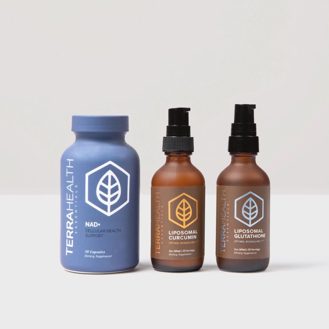 Three Terra Health supplement bottles including NAD+, Liposomal Curcumin, and Liposomal Glutathione.